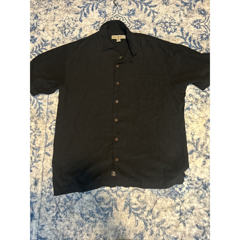 Tommy Bahama Black Silk Button Up Shirt Medium Jungle Shakedown Embroidered
